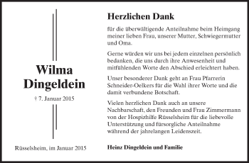 Traueranzeige von Wilma Dingeldein von Rüsselsheimer Echo, Groß-Gerauer-Echo, Ried Echo
