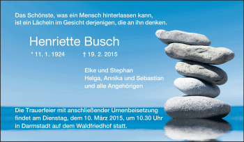 Traueranzeige von Henriette Busch von Echo-Zeitungen (Gesamtausgabe)
