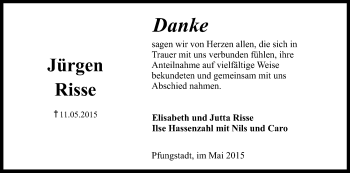 Traueranzeige von Jürgen Risse von Echo-Zeitungen (Gesamtausgabe)