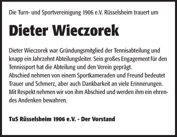 Traueranzeige von Dieter Wieczorek von Rüsselsheimer Echo, Groß-Gerauer-Echo, Ried Echo