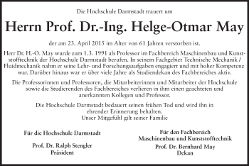 Traueranzeige von Helge-Otmar May von Echo-Zeitungen (Gesamtausgabe)