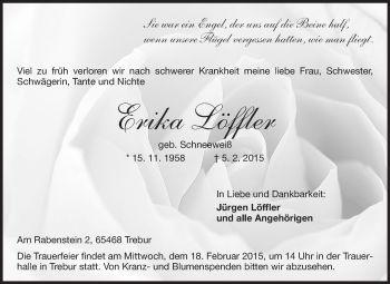 Traueranzeige von Erika Löffler von Rüsselsheimer Echo, Groß-Gerauer-Echo, Ried Echo