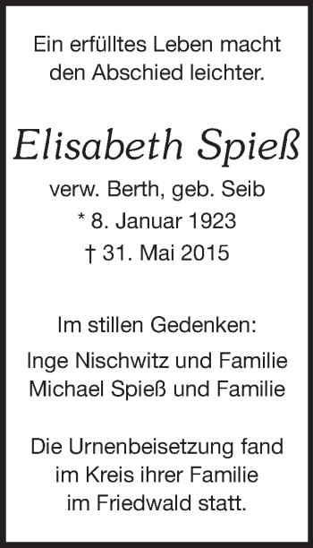 Traueranzeige von Elisabeth Spieß von Echo-Zeitungen (Gesamtausgabe)