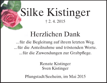Traueranzeige von Silke Kistinger von Echo-Zeitungen (Gesamtausgabe)