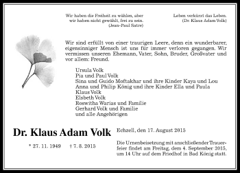 Traueranzeige von Klaus Adam Volk von trauer.echo-online.de