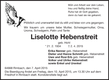 Traueranzeige von Liselotte Hebenstreit von Starkenburger Echo
