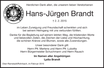 Traueranzeige von Hans-Jürgen Brandt von Echo-Zeitungen (Gesamtausgabe)