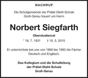Traueranzeige von Norbert Siegfarth von Rüsselsheimer Echo, Groß-Gerauer-Echo, Ried Echo