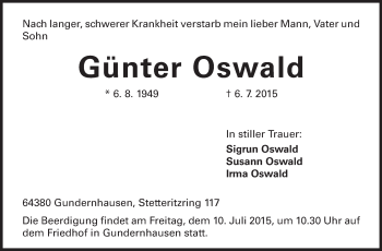Traueranzeige von Günter Oswald von Echo-Zeitungen (Gesamtausgabe)