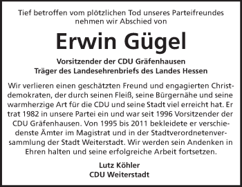 Traueranzeige von Erwin Gügel von Echo-Zeitungen (Gesamtausgabe)