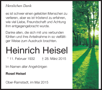 Traueranzeige von Heinrich Heisel von Echo-Zeitungen (Gesamtausgabe)