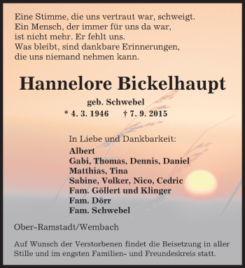 Traueranzeige von Hannelore Bickelhaupt von trauer.echo-online.de