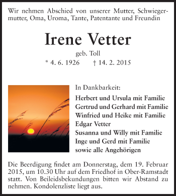 Traueranzeige von Irene Vetter von Darmstädter Echo, Odenwälder Echo, Rüsselsheimer Echo, Groß-Gerauer-Echo, Ried Echo