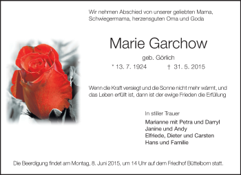 Traueranzeige von Marie Garchow von Rüsselsheimer Echo, Groß-Gerauer-Echo, Ried Echo