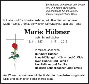 Traueranzeige von Marie Hübner von Odenwälder Echo