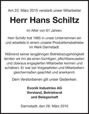 Traueranzeige von Hans Schiltz von Echo-Zeitungen (Gesamtausgabe)