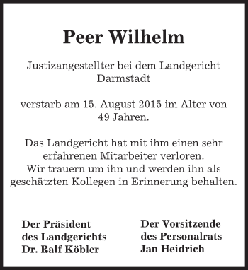 Traueranzeige von Peer Wilhelm von trauer.echo-online.de