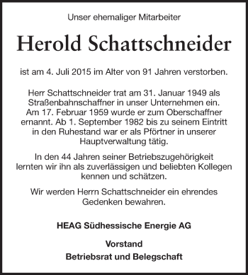 Traueranzeige von Herold Schattschneider von Echo-Zeitungen (Gesamtausgabe)