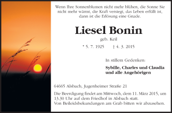 Traueranzeige von Liesel Bonin von Echo-Zeitungen (Gesamtausgabe)