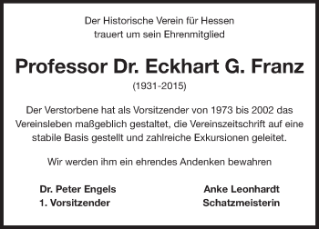 Traueranzeige von Eckhart Franz von Echo-Zeitungen (Gesamtausgabe)
