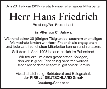 Traueranzeige von Hans Friedrich von Odenwälder Echo