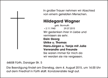 Traueranzeige von Hildegard Wagner von trauer.echo-online.de