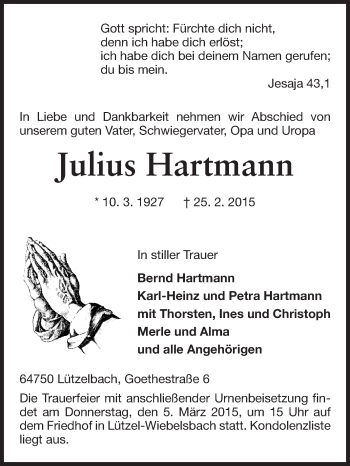 Traueranzeige von Julius Hartmann von Odenwälder Echo