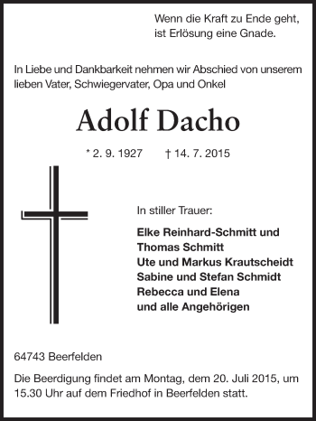 Traueranzeige von Adolf Dacho von Odenwälder Echo