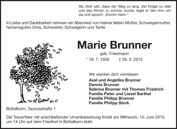 Traueranzeige von Marie Brunner von Rüsselsheimer Echo, Groß-Gerauer-Echo, Ried Echo