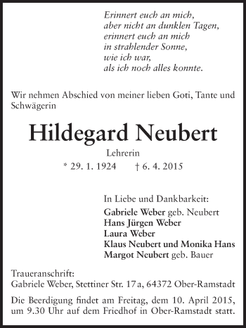 Traueranzeige von Hildegard Neubert von Darmstädter Echo, Odenwälder Echo, Rüsselsheimer Echo, Groß-Gerauer-Echo, Ried Echo