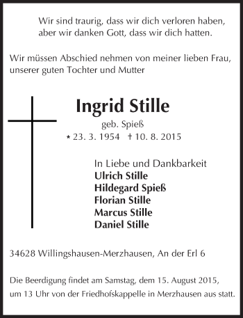 Traueranzeige von Ingrid Stille von trauer.echo-online.de