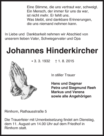 Traueranzeige von Johannes Hinderkircher von trauer.echo-online.de