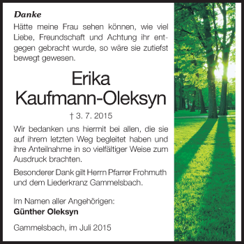 Traueranzeige von Erika Kaufmann-Oleksyn von Odenwälder Echo