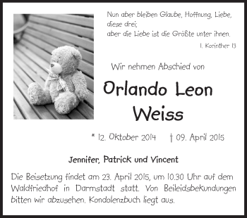Traueranzeige von Orlando Leon Weiss von Echo-Zeitungen (Gesamtausgabe)