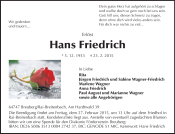 Traueranzeige von Hans Friedrich von Odenwälder Echo