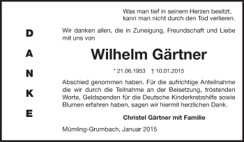 Traueranzeige von Wilhelm Gärtner von Odenwälder Echo