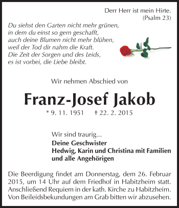 Traueranzeige von Franz-Josef Jakob von Echo-Zeitungen (Gesamtausgabe)