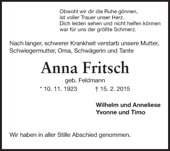 Traueranzeige von Anna Fritsch von Echo-Zeitungen (Gesamtausgabe)