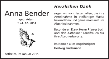 Traueranzeige von Anna Bender von Rüsselsheimer Echo, Groß-Gerauer-Echo, Ried Echo