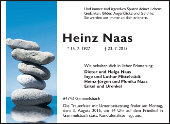 Traueranzeige von Heinz Naas von Odenwälder Echo