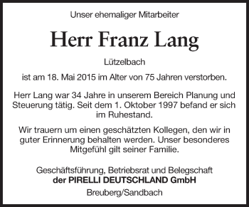 Traueranzeige von Franz Lang von Odenwälder Echo