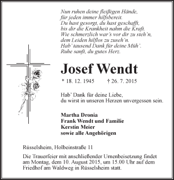 Traueranzeige von Josef Wendt von trauer.echo-online.de
