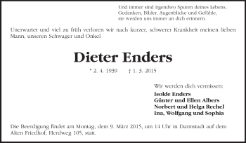 Traueranzeige von Dieter Enders von Echo-Zeitungen (Gesamtausgabe)