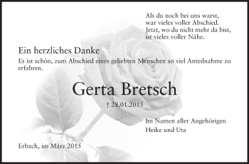 Traueranzeige von Gerta Bretsch von Odenwälder Echo