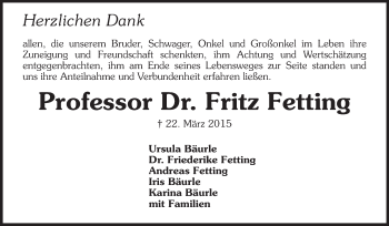 Traueranzeige von Fritz Fetting von Echo-Zeitungen (Gesamtausgabe)