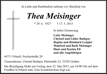 Traueranzeige von Thea Meisinger von Odenwälder Echo