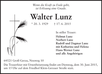 Traueranzeige von Walter Lunz von Rüsselsheimer Echo, Groß-Gerauer-Echo, Ried Echo
