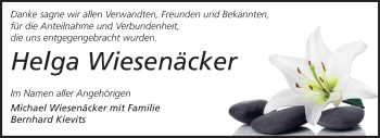 Traueranzeige von Helga Wiesenäcker von Rüsselsheimer Echo, Groß-Gerauer-Echo, Ried Echo
