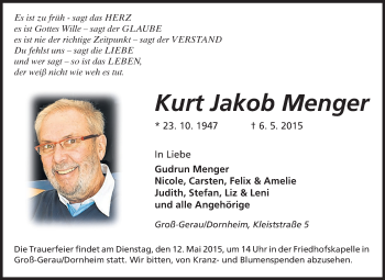 Traueranzeige von Kurt Jakob Menger von Rüsselsheimer Echo, Groß-Gerauer-Echo, Ried Echo