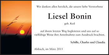 Traueranzeige von Liesel Bonin von Echo-Zeitungen (Gesamtausgabe)